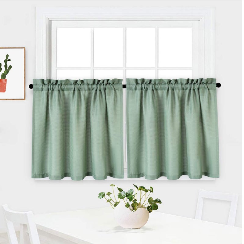 NANAN Tier Curtains, Waffle Weave Textured Short Curtains for Bathroom Waterproof Window Covering Kitchen Cafe Curtains - 30" x 36", Sage, Set of 2 - Image 2